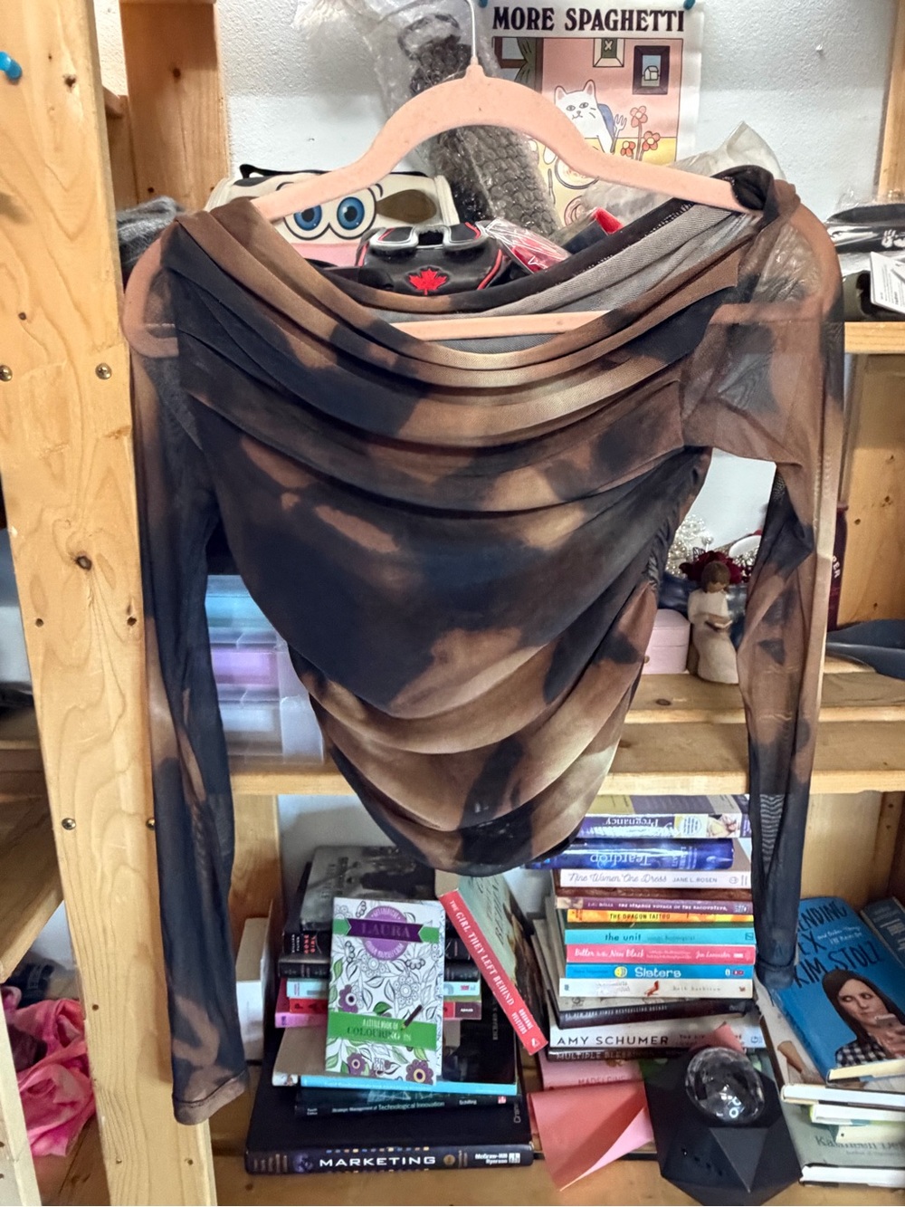 Ardene Draped Sheer Long-Sleeve Tie-Dye Top in Brown and Black